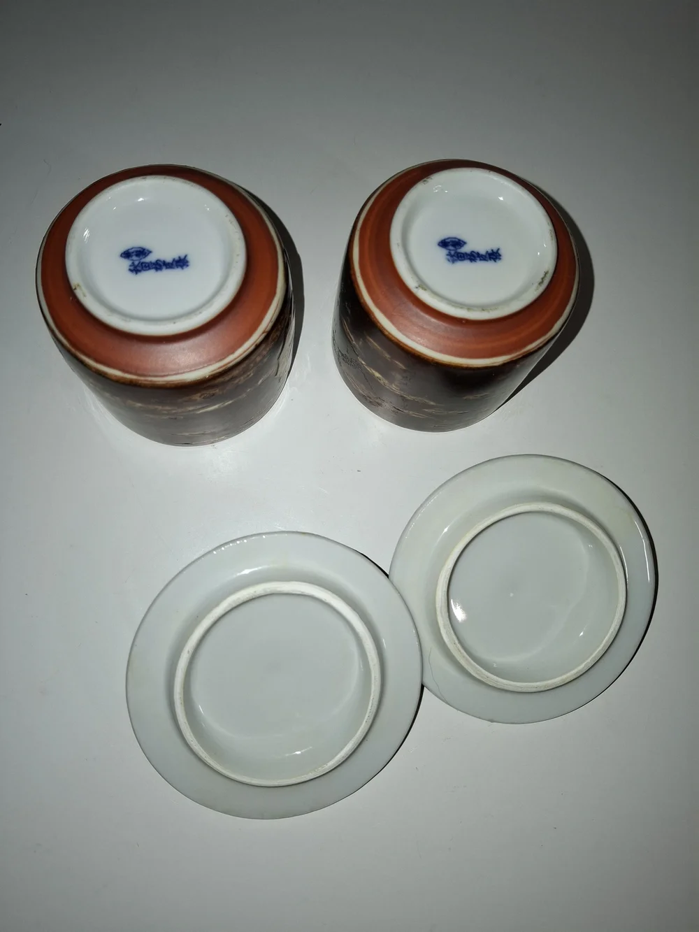 Ceramic Lidded Japense Tea Cups - Real Cherry Bark Inlay Set of 2